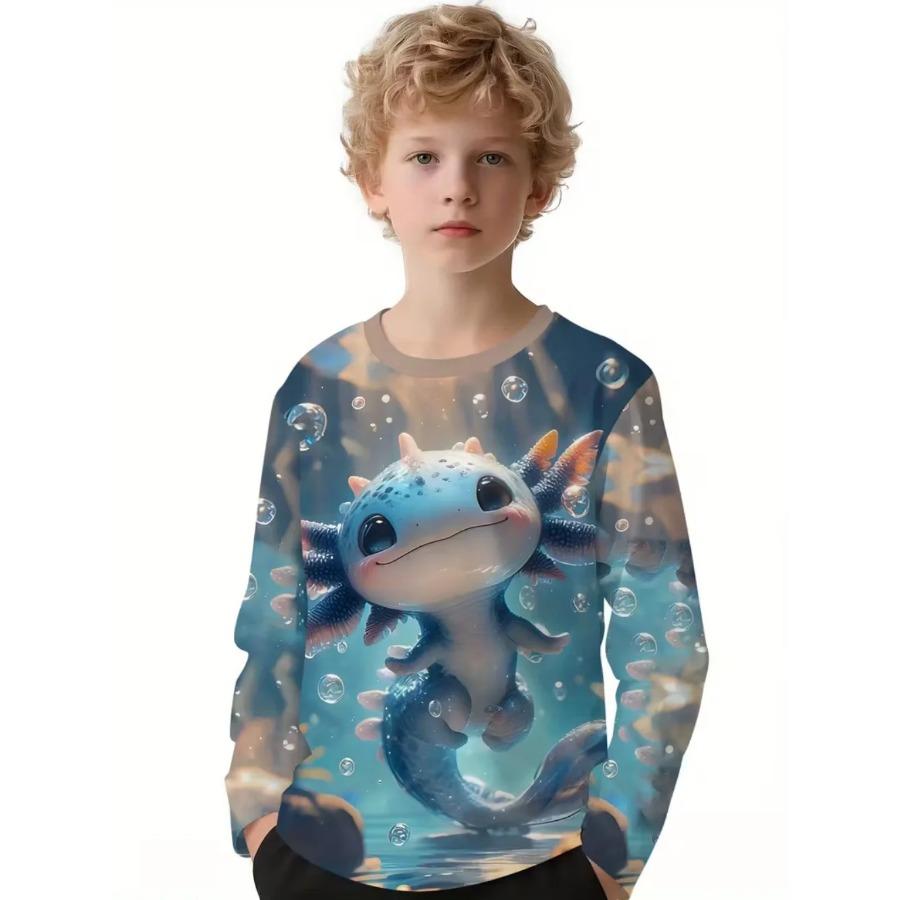 Axolotl Kinderkleidung Kawaii Cartoon 3D Druck Junge Langarmshirt Lässig Locker Kinder Oberteil Mode Rundhals Kinder T-Shirt 130 gray