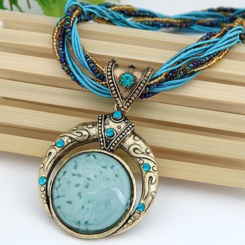 Handgemachte Halskette aus gewebten Reisperlen, böhmische Vintage-Halskette mit rundem Edelstein-Anhänger, lässiges Unisex-Hals-Accessoire blau