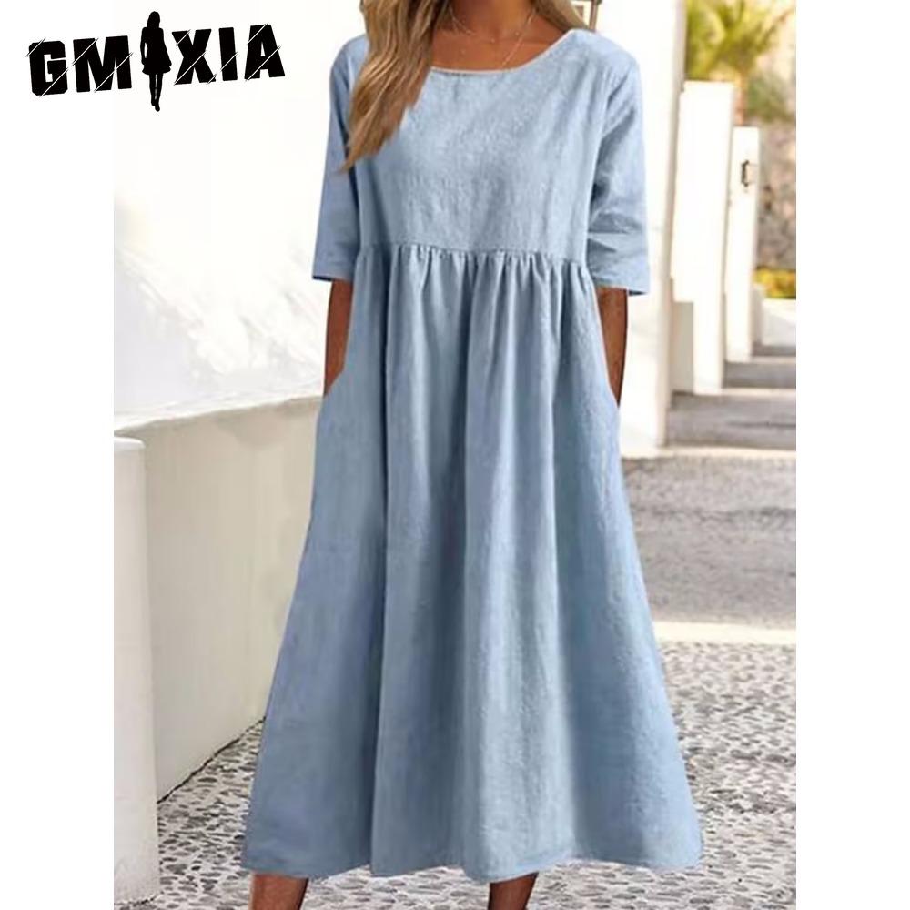 Frühling Sommer Damen O-Ausschnitt Kleid Lässig Locker Lange Kleider Übergrößen Kleider L blau
