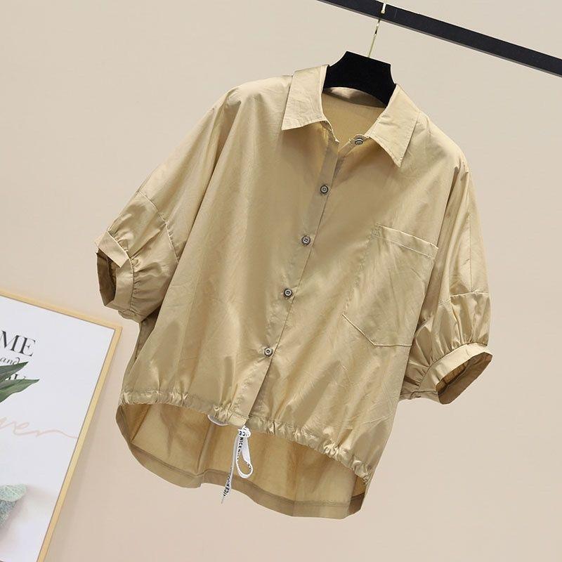 Sommer Fledermausärmel Freizeithemden Damen Mode Locker Einfarbig Übergröße Blusen Schnür-Tops Leichte Baumwolle Blusen XS khaki