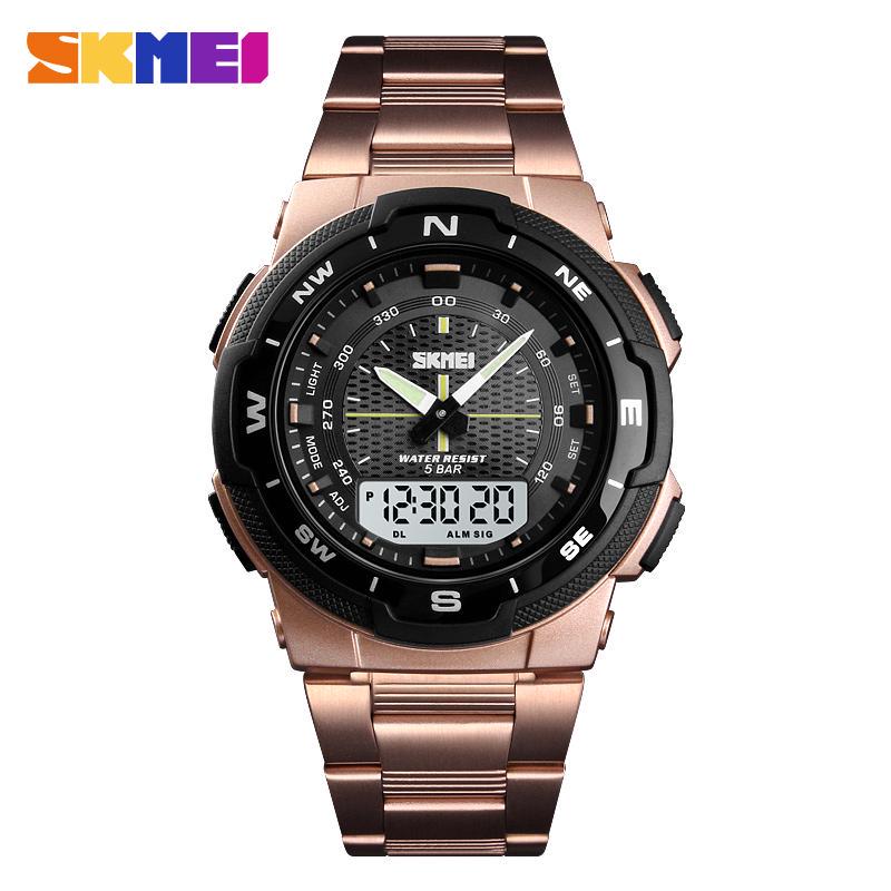SKMEI Neue Dual Display Digitale Armbanduhren Männer Casual Uhr Wasserdichte Uhr Edelstahl Armband rose gold