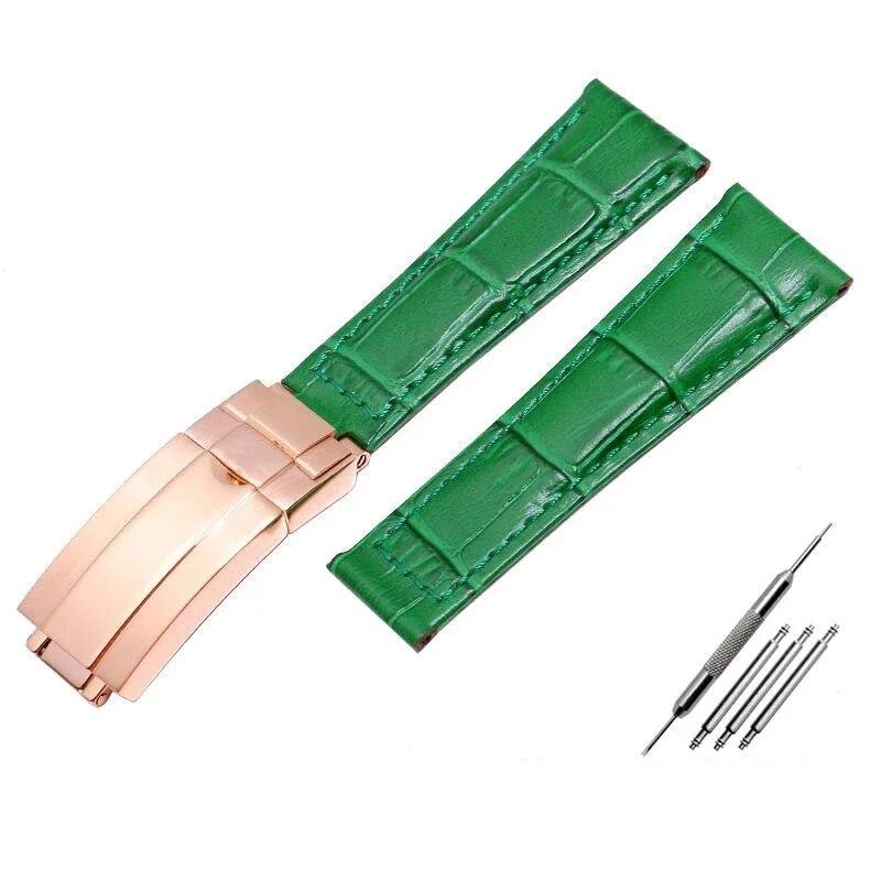 Krokodilmuster Echtleder Uhrenarmbänder 20mm für Rolex Uhrenarmband Daytona Submariner GMT RX Armband Faltschließe Green-rose gold 20mm With logo blue