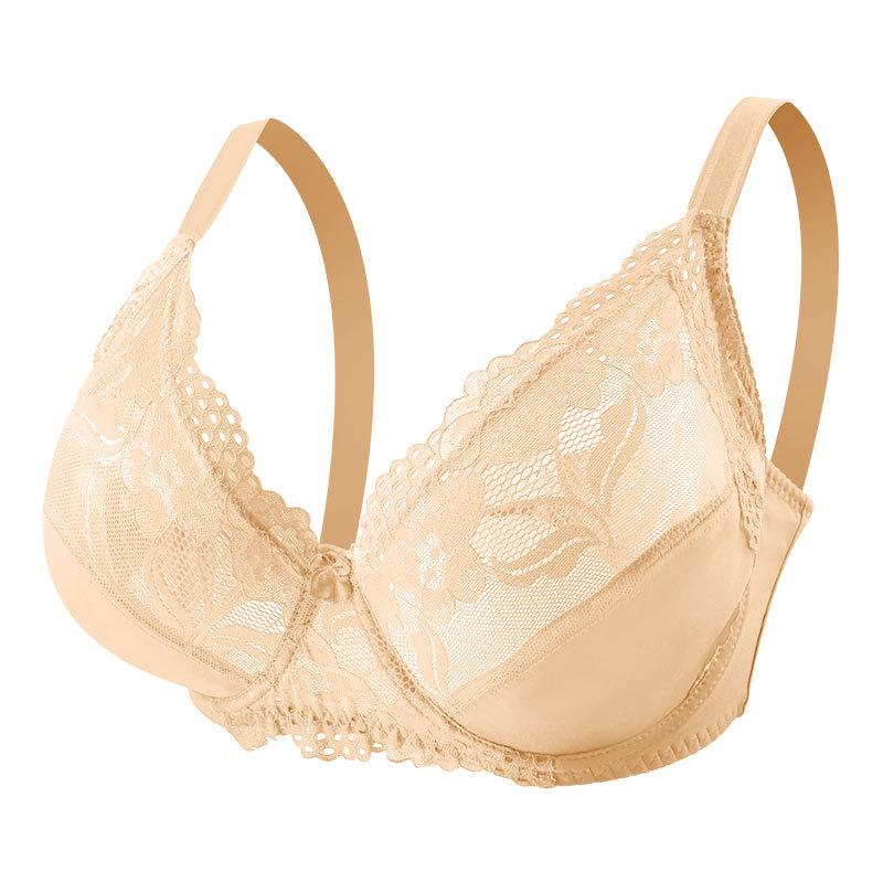 Plus Size Damen Ultradünner BH Bügel Push-Ups Spitzen-BHs Größere Brüste Einfarbig 3/4 Big Cup Ungefütterte Baumwoll-BHs 38/85F beige