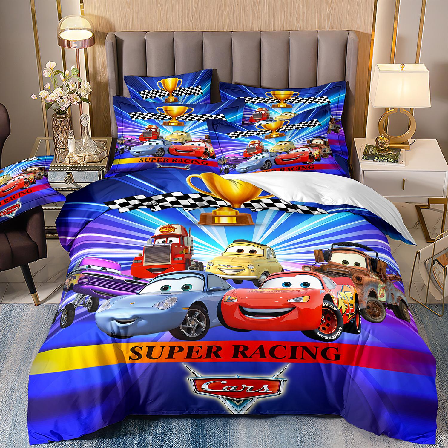 Autos Lightning McQueen Bettwäsche-Sets, 3D-Druck Bettbezug und Kissenbezüge für Teenager-Jungen, Kinder Steppdeckenbezug Rote Autos-Motive 200x200cm-3pcs