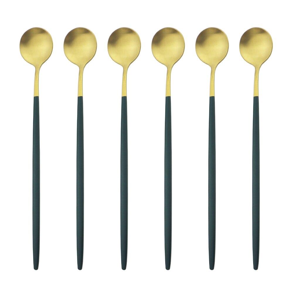 6-teiliges Gold-Löffel-Set mit langem Griff, mattierter Edelstahl, poliert, zum Rühren, für Getränke, Eis, Dessert, Teelöffel, Geschirr grün/gold