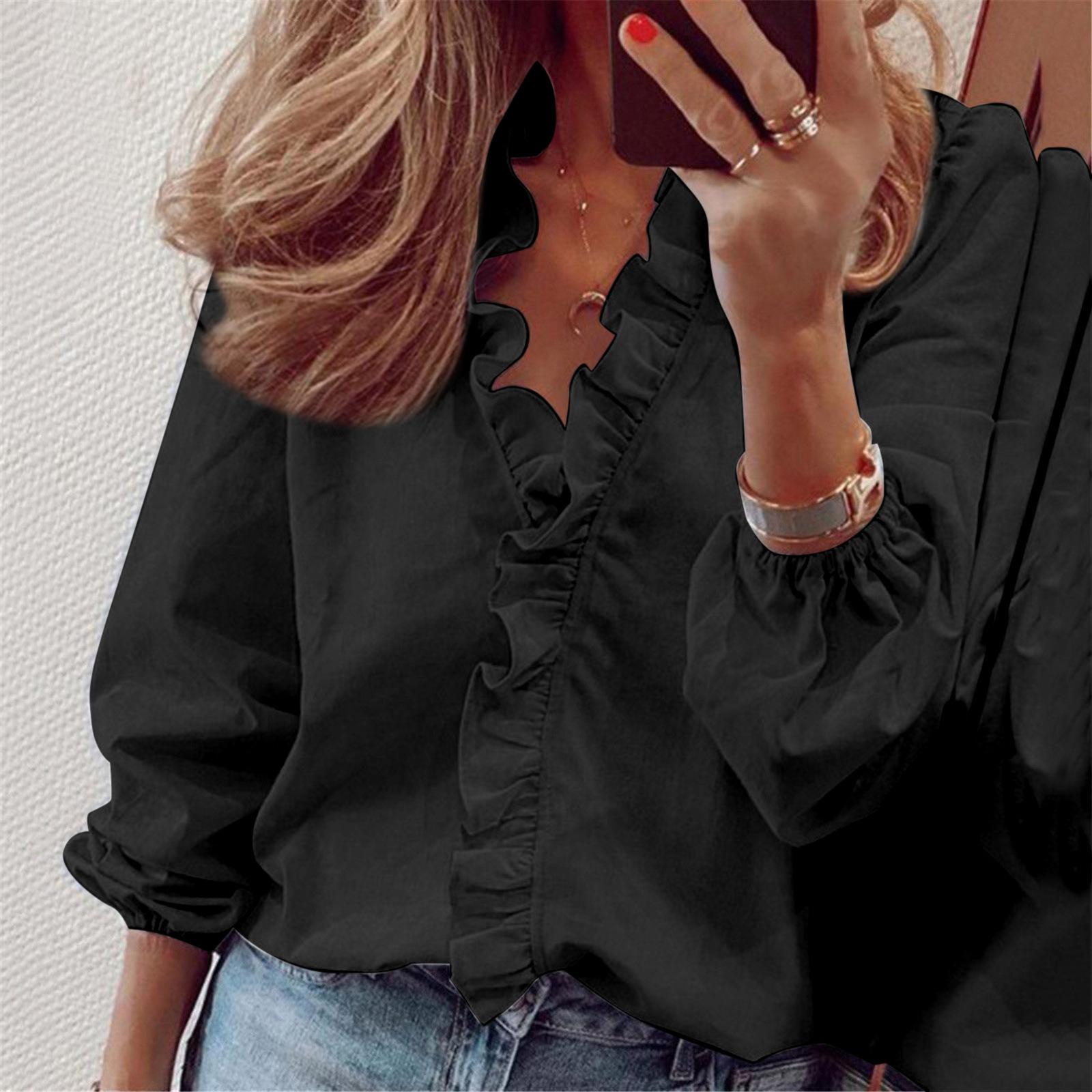 YYFS Damenmode, lässig, Sommer, Frühling, langärmelige Blusen und Hemden XL schwarz
