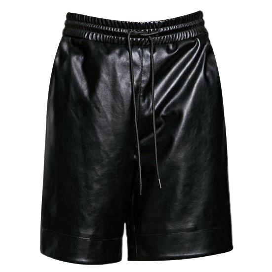 Herren Shorts Sommer Shorts Elastischer Kordelzug Taille Kunstleder Shorts Taschen Einfarbig Weite Bein Shorts Streetwear XXL schwarz