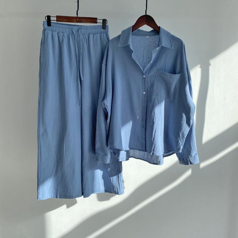 Damen zweiteiliger Anzug Retro Plus Size Baumwolle Leinen Hemd Anzug Hohe Taille Lose Hosen für Frauen M blau