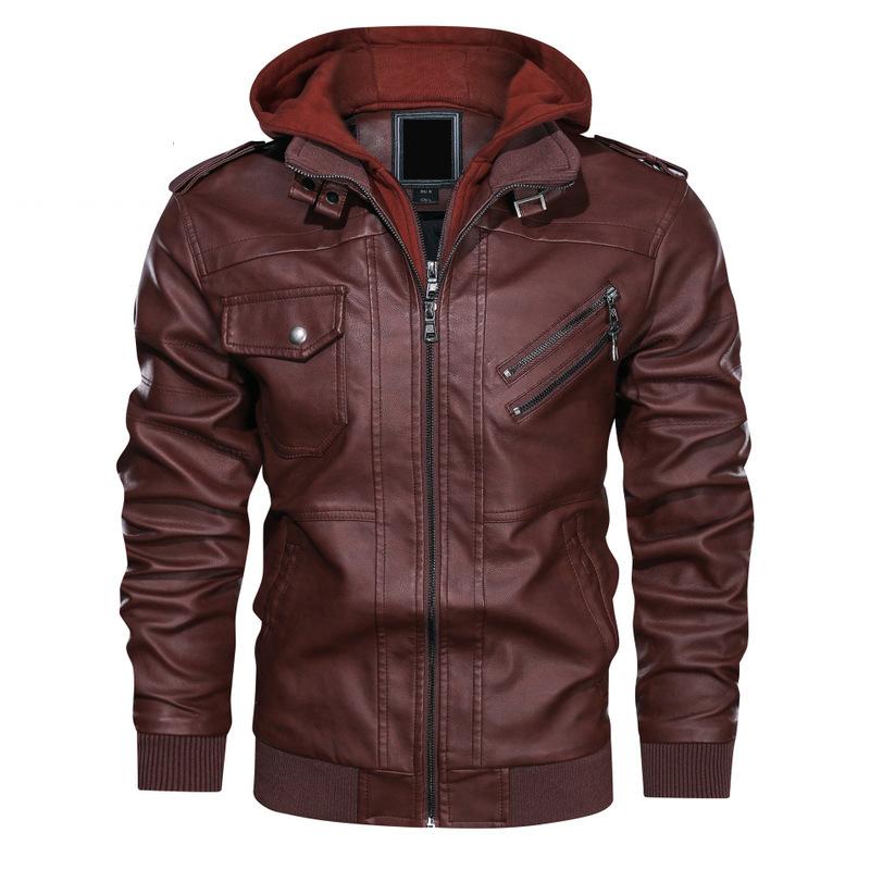 Lederjacke mit Kapuze Herren 2907 Trend Europäisch und Amerikanisch Lässig Motorradjacke Abnehmbare Kapuze Herren Lederjacke 2XL braun