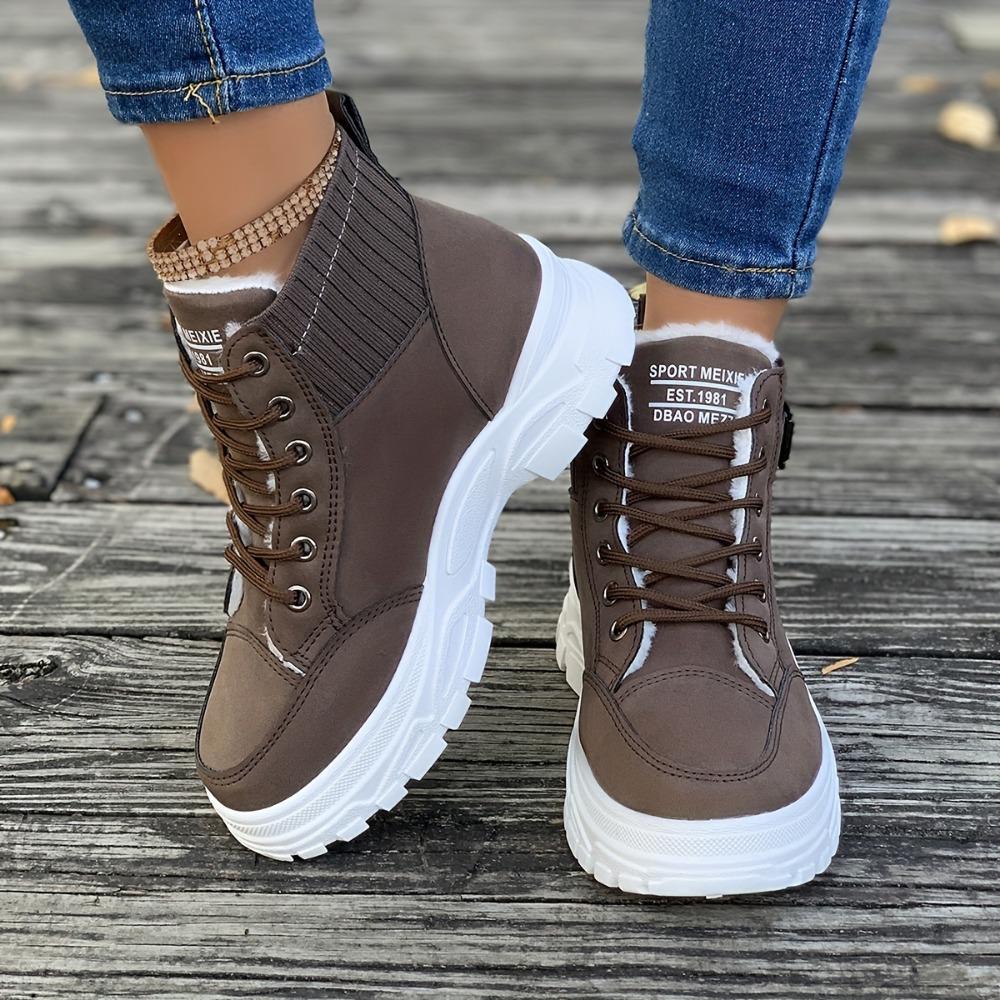 Übergrößen Damen Schuhe Knöchel Damen Stiefel Plateau Freizeitstiefel Damen Runde Zehenpartie Mittelhoher Absatz Schnürung vorne Warm Damen Schuhe 41 braun