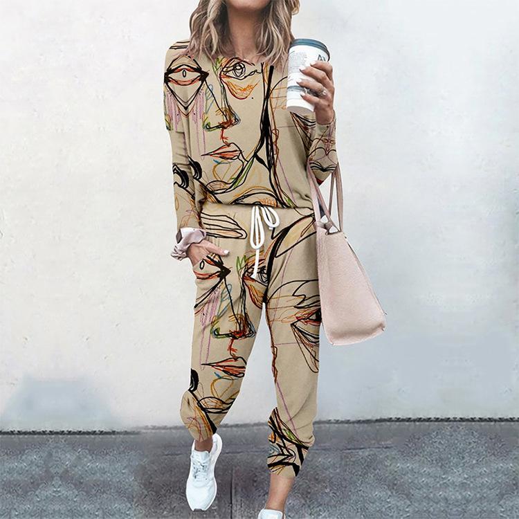 Lässige Anzüge, Damenanzug, langärmeliger Pullover-Trainingsanzug für Damen, lässiges zweiteiliges Set, Hosen und Top, Trainingsanzug, elastische Taillenanzüge, Damenanzüge S khaki