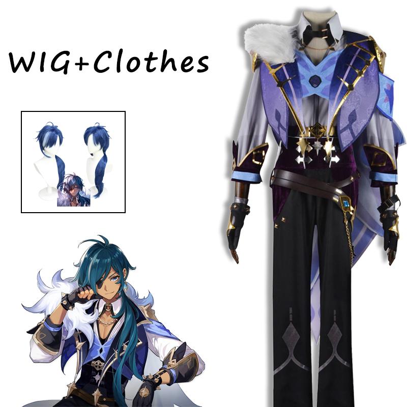 Kaeya Cosplay Kostüm Kaeya Uniform Perücke Kleidung Stiefel Schuhe Komplettes Set Halloween Party Cosplay Perücken Comic Con XL-(Costume+Wig)