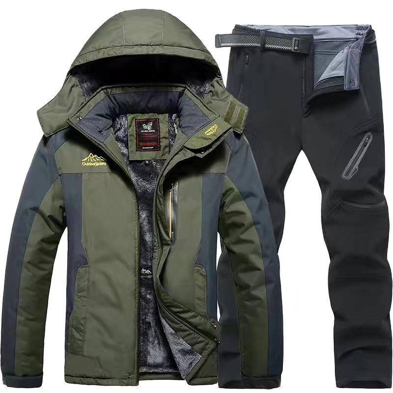 Herren Herbst und Winter Outdoor Bergsteigeranzüge Arbeitskleidung Anzüge Übergroße Anzüge Thermojacken + Thermohosen 2-teiliges Set 2XL grün