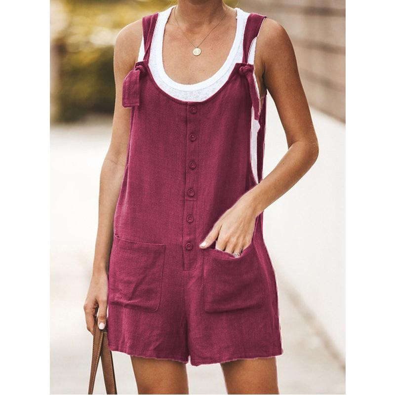 Damen-Overall, Sommer-Trägerhose, Shorts, lässig, locker, ärmellos, Strampler, Overall, Hosenträger, Overalls L wein rot