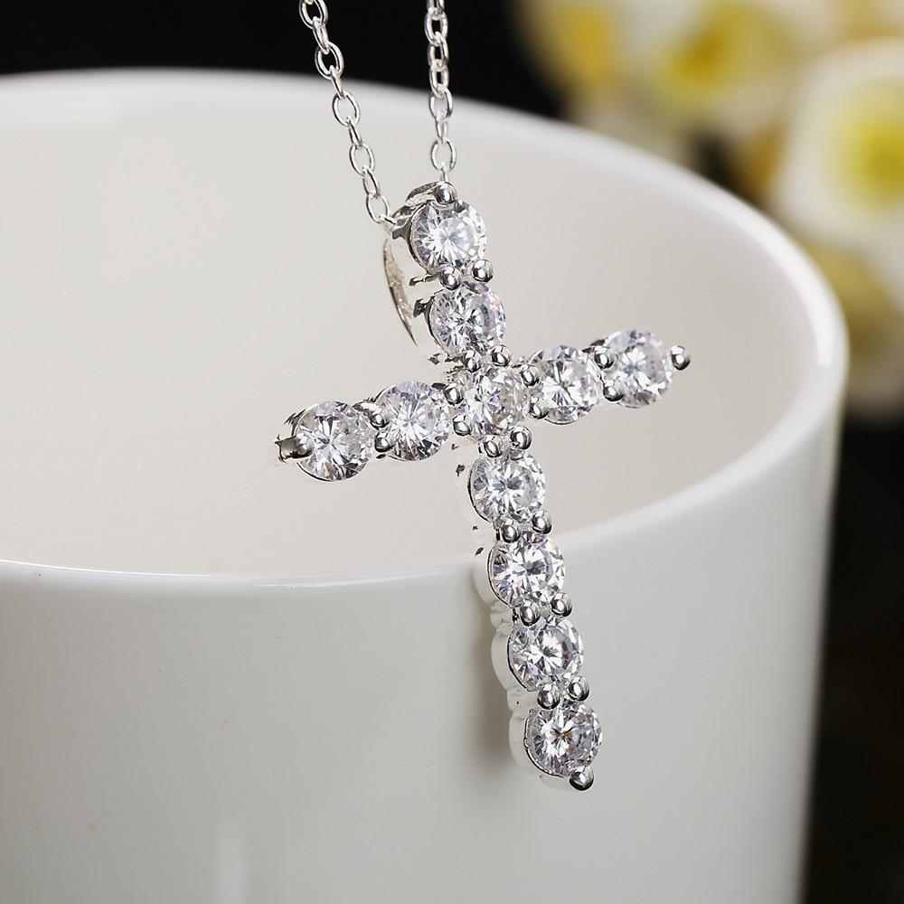 Luxuriöse 925 Sterling Silber Halskette für Damen Glänzender Kristall Kreuz Anhänger 18 Zoll Mode Hochzeitsfeier Schmuck Weihnachtsgeschenke 45cm 18inches