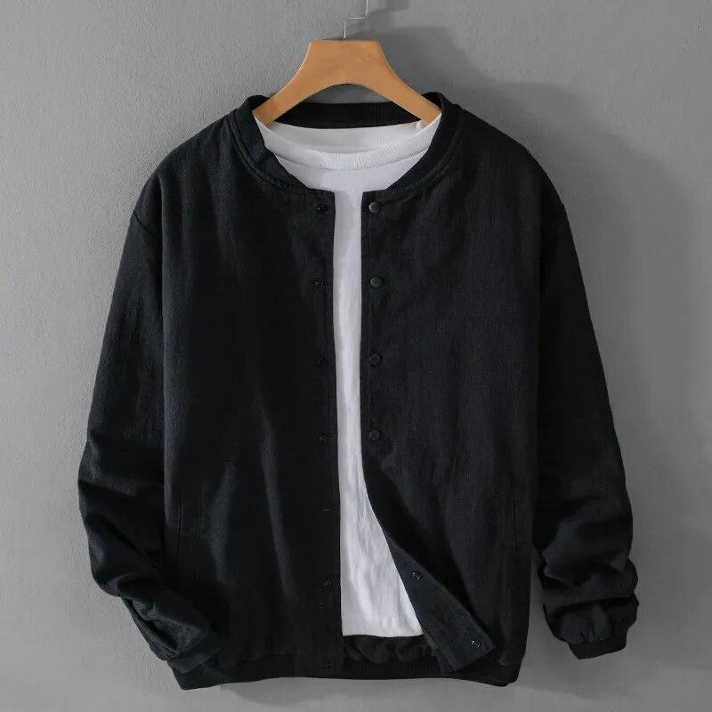 Baumwoll-Leinen-Jacken für Herren im Retro-Stil, Herrenbekleidung, Frühlingssport, Baseballbekleidung, Freizeitjacke, einfarbig, Stehkragen, Knopfjacke XXXL schwarz