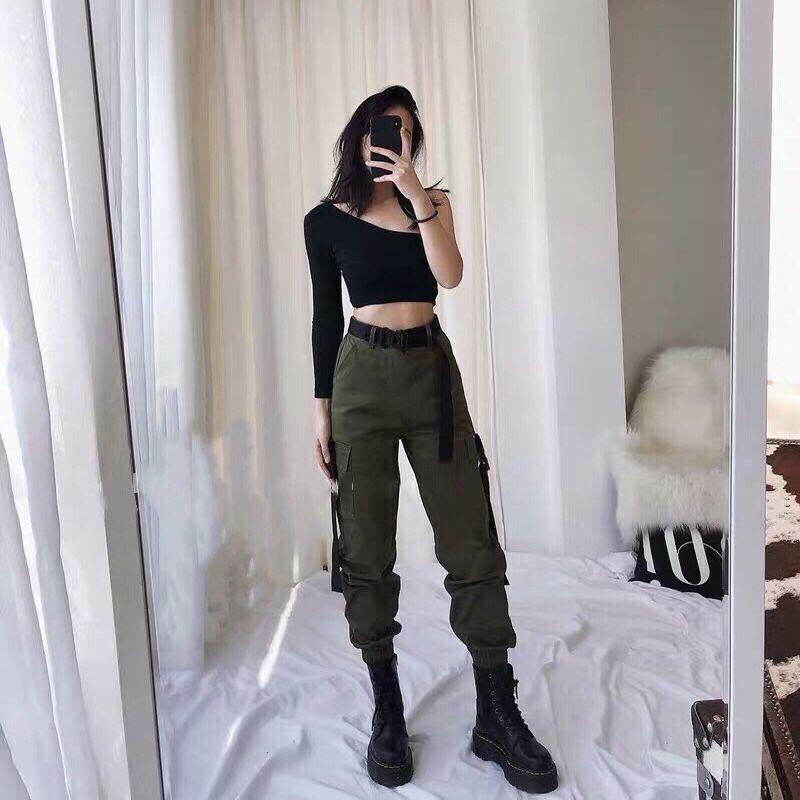 Cargo Hosen Frauen Casual Jogger Schwarz Hohe Taille Hosen Lose Weibliche Hosen Damen Hosen L armee grüne