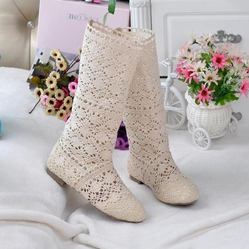 2025 neue Frühling Spitze hohl Martin Stiefel Einzelstiefel flache hohe Stiefel Netzstiefel coole Stiefel Lochschuhe Damenstiefel 36 beige