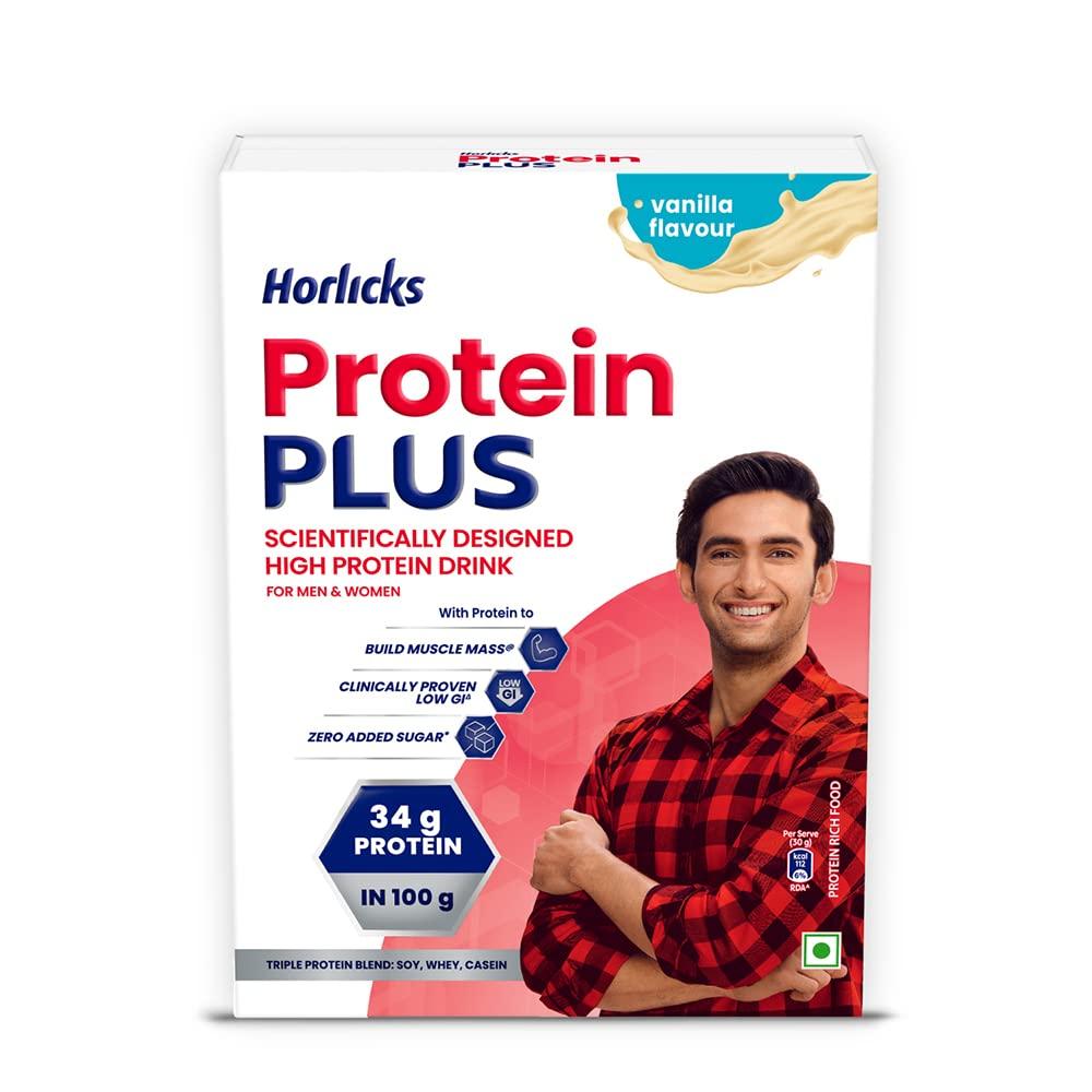 Horlicks Protein Plus Vanille High Protein Drink für Erwachsene 400 g Glas, Unterstützung für Muskelmasse & Kraft