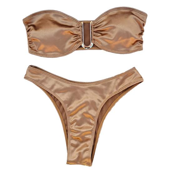 2 Teile/satz Frauen Sommer Bikini Set Schulterfrei Trägerlos Satin Elastisch Schnell Trocknend Gepolstert Wireless Hot Spring Badeanzug Dame Bademode Badeanzug M khaki