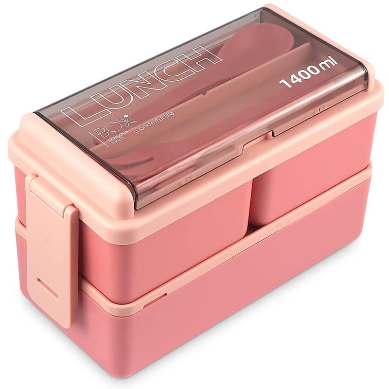 Bento-Box, Lunchbox, stapelbar, 49 oz, Bento-Boxen für Erwachsene, Lunchbehälter, auslaufsichere Bento-Box für Erwachsene mit herausnehmbarem Fach 1400ML rosa