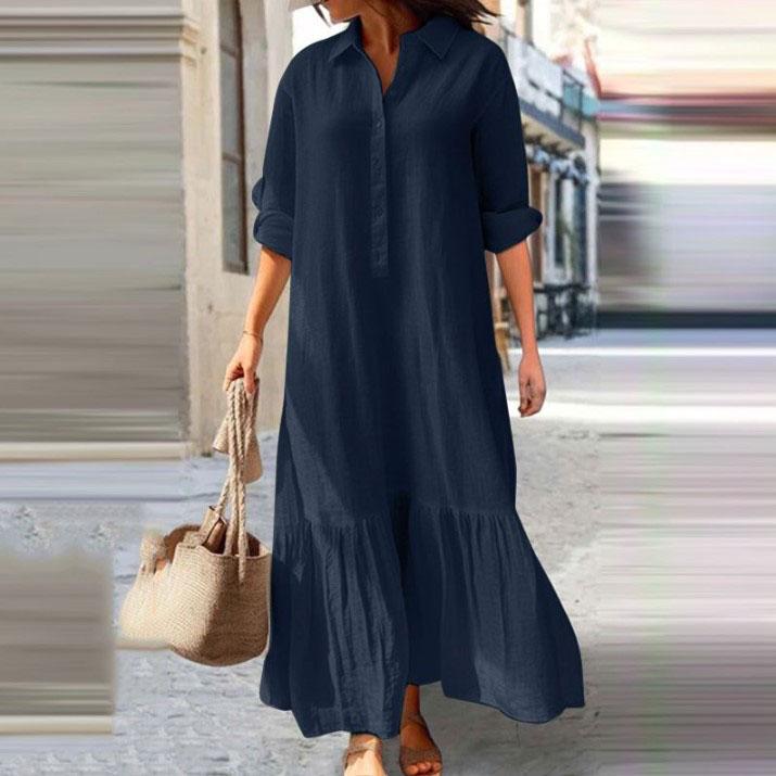 Sommer Baumwolle Leinen Frauen Kleid Schwarz Lose Langarm Hemd Kleider Weibliche Sommer Casual Oversize Elegante Kleidung Damen XXXL dunkelblaue