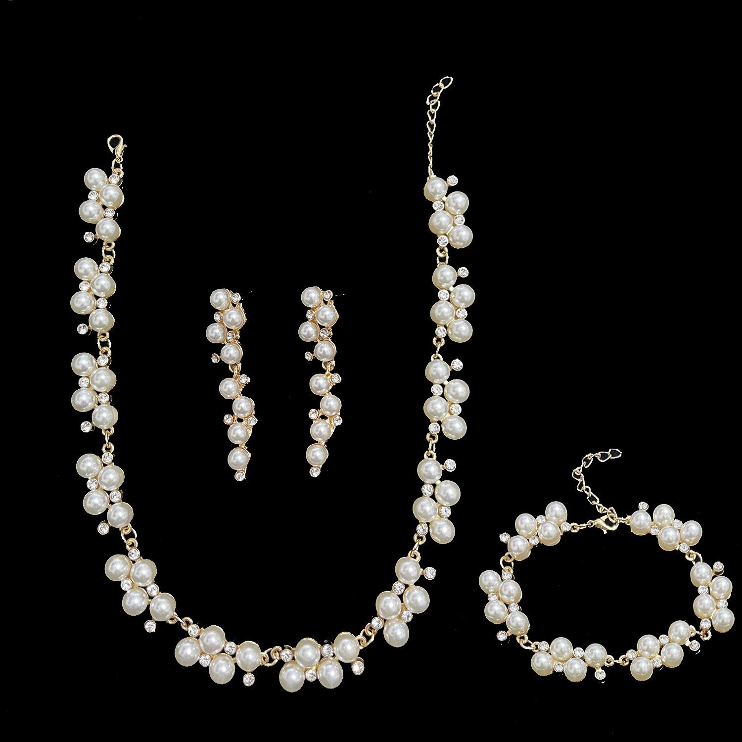 Mode Legierung Perle Kurze Schlüsselbein Halskette Set frauen Diamant Braut Schmuck Drei-stück Schmuck weiß