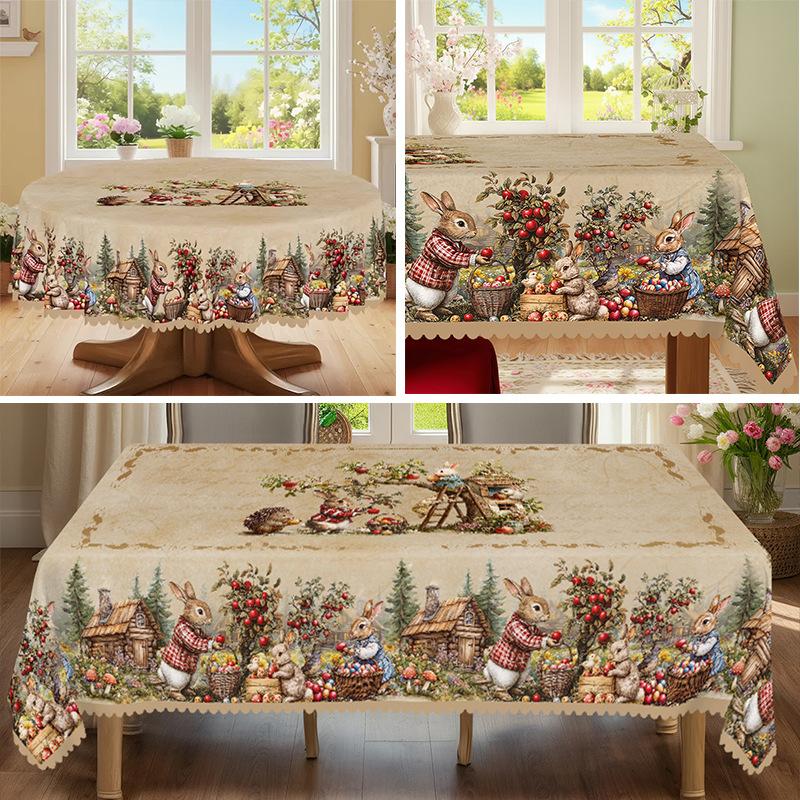 1 Stück Tischdecke mit Vintage-Muster, Wunderschöne Frühlings-Tischdecke mit süßem Hasen und goldenem Ei, Florale rechteckige Tischdecke, Dekorative Tischdecke, Küchenzubehör  circle 180*180cm