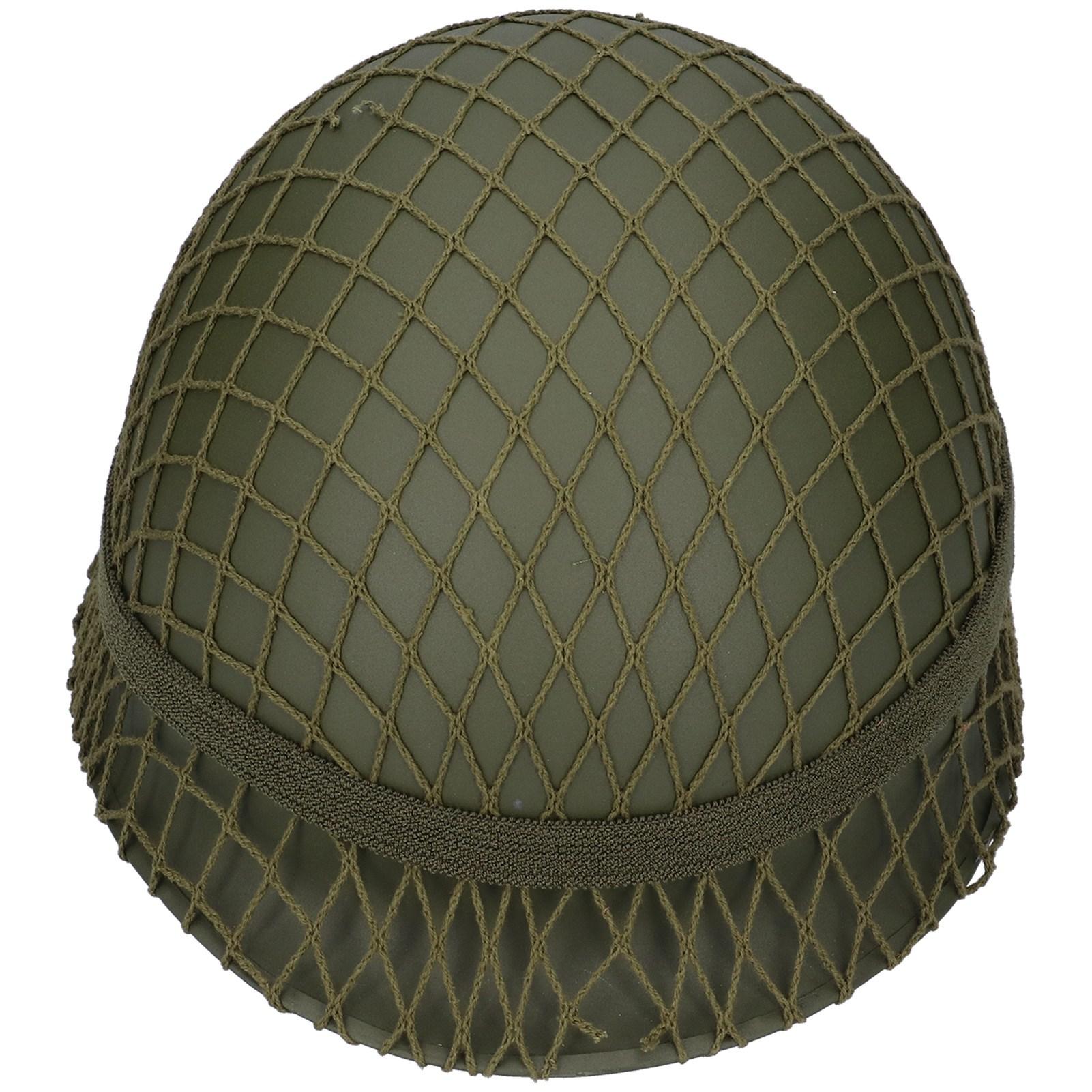 Perfekter grüner M1-Helm der US Army aus dem Zweiten Weltkrieg, klassischer Helm mit Netz und Kinnriemen