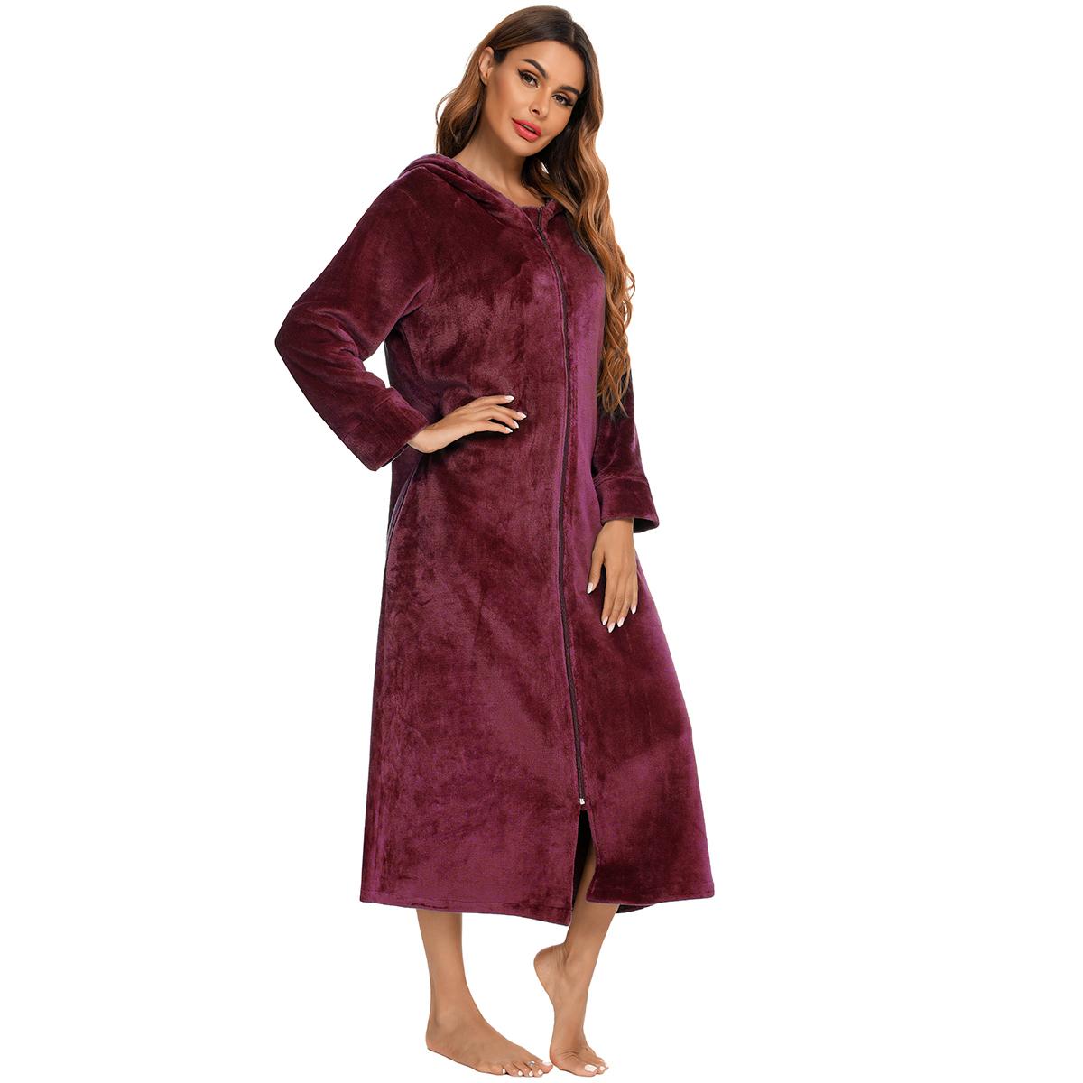 Damen-Bademantel aus Plüsch-Fleece mit Reißverschluss und Kapuze, warmer langer Bademantel, Morgenmantel, gemütlicher Winter-Reißverschluss, Liege-Nachtwäsche, Hausmantel, Loungewear-Nachthemd S bordeaux