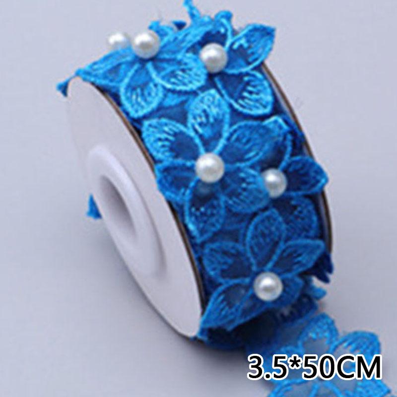 50 cm Blumen-Perlen, bestickt, Blumen-Spitzenband, Perlenbesatz, Fransen, afrikanischer Spitzenstoff, handgefertigtes Kleid, Nähzubehör dunkelblaue