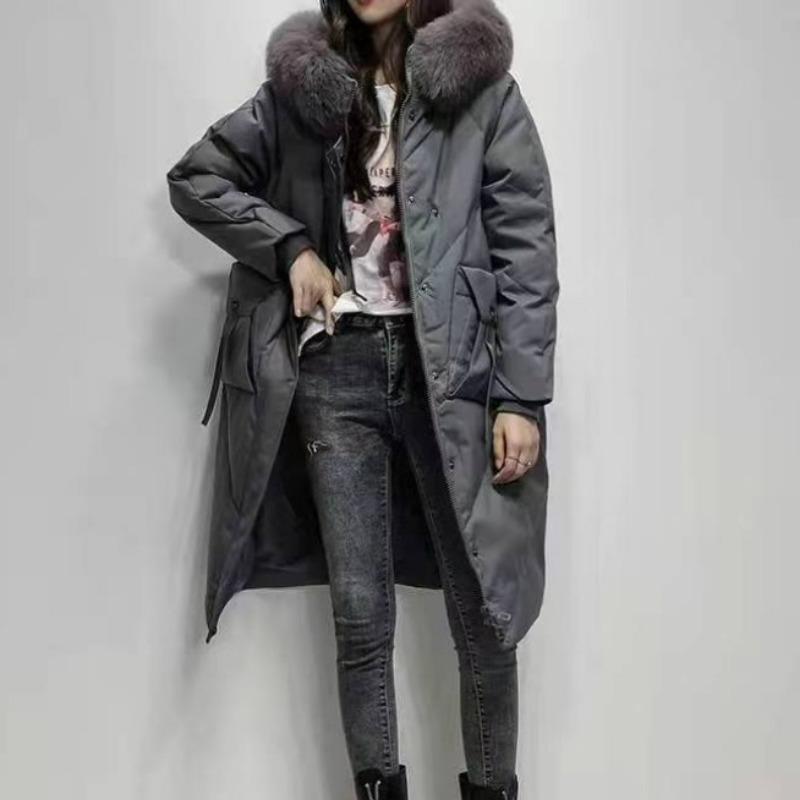 Frauen Daunen Baumwolle Mantel Winter Jacke Weibliche Erweiterte Version Parkas Künstliche Pelz Kragen Outwear Mit Kapuze Mantel S graue