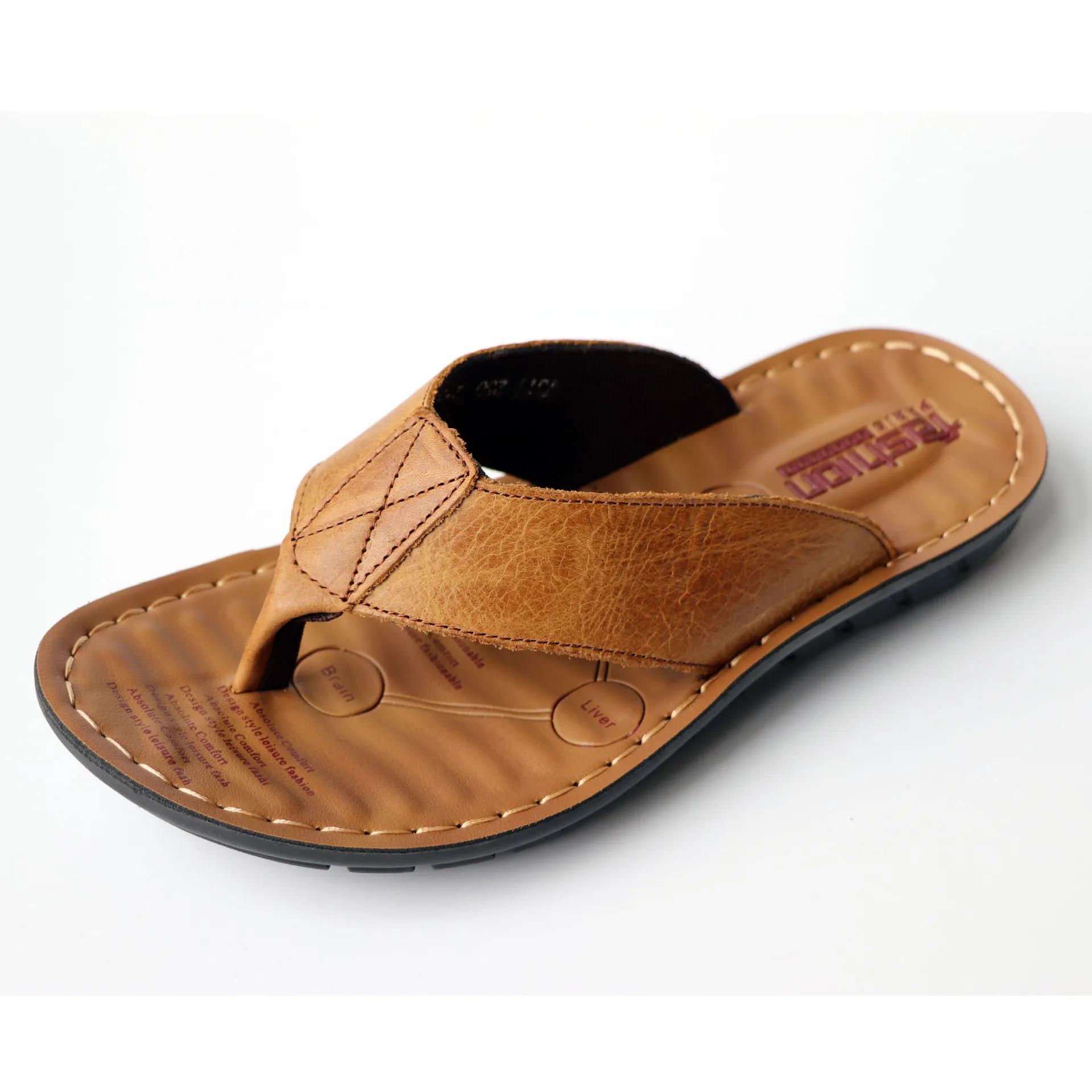 Sommerschuhe Leder Herren Flip Flops Schuhe Outdoor Strand Casual Flache Hausschuhe Trend Flache rutschfeste Clip Toe Sandalias Große Größe 43 hellbraune