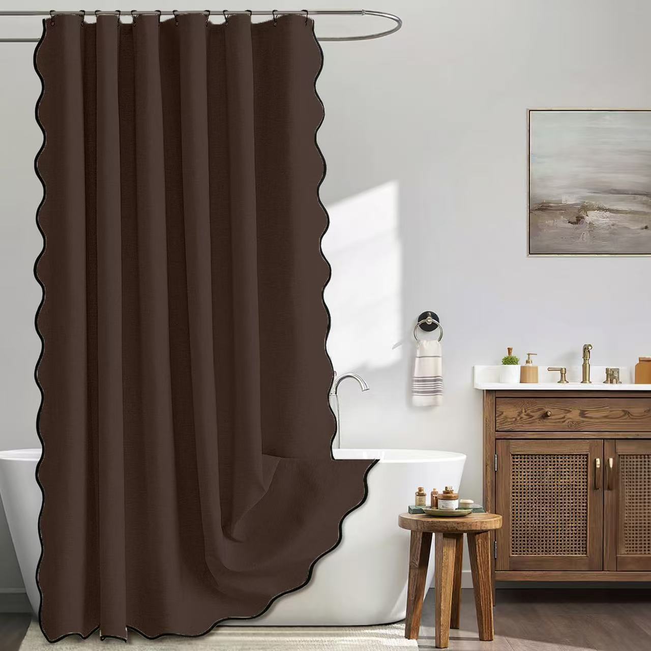 Faux Leinen Wellenkante Duschvorhang Wasserdicht Badezimmer Trennwand Sichtschutz Vorhang Duschvorhang Badewannen Dekoration 180*220cm schokoladenbraun