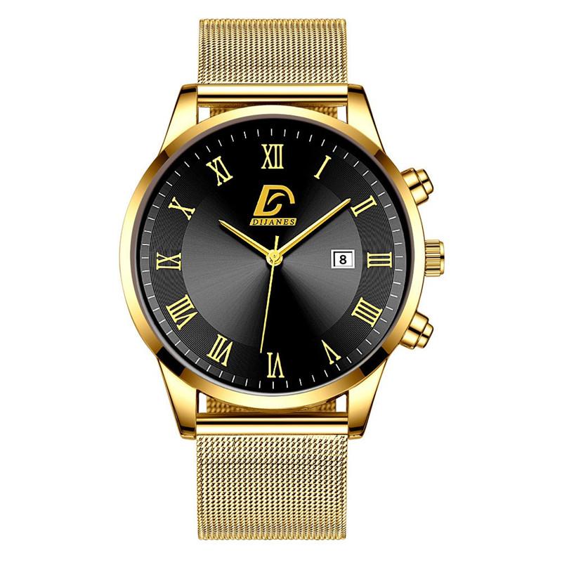 Modische Herrenuhren, luxuriöse Edelstahl-Kalender-Quarz-Armbanduhr für Herren, Business-Casual-Uhren schwarz/gold