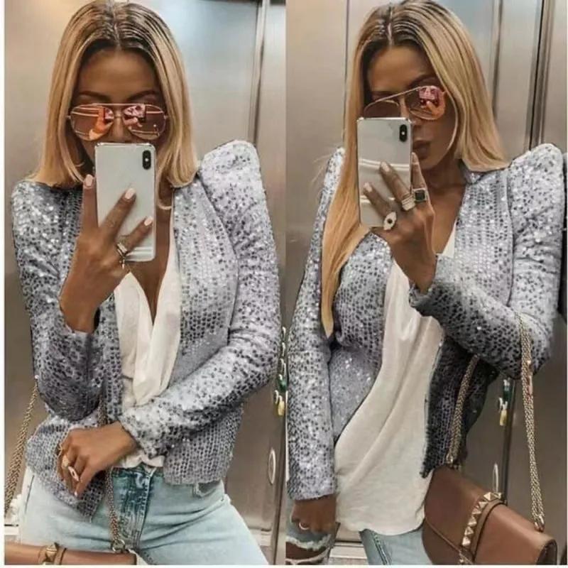 Mode Stehkragen Kontrast Pailletten Mantel Frauen Kleidung Frühling Und Herbst Langarm Jacke Casual Zipper Kurzen Mantel 29445 L graue