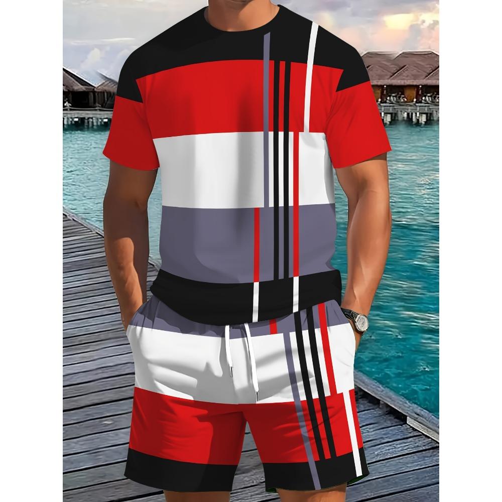 2026 Sommer Herren Lässiges Zweiteiliges Set Gestreiftes Kurzarmhemd und Sportshorts Set Herren Fitness Set 3XL