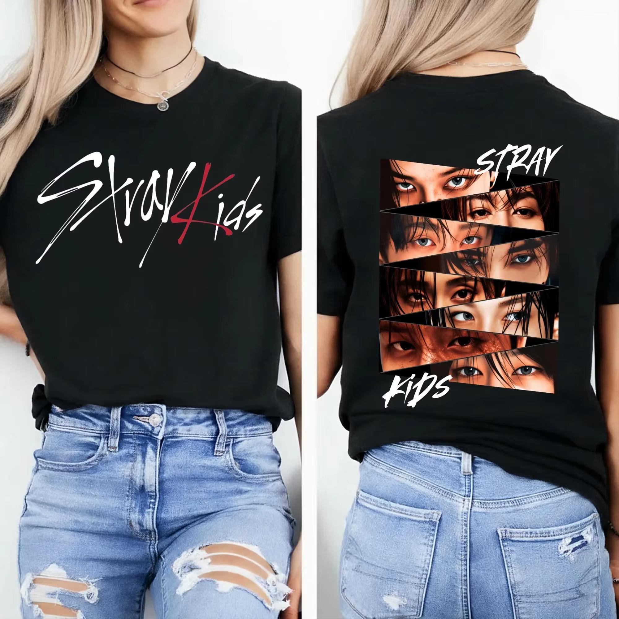 KPop Stray Kids Augen Collage T-Shirt Herren Damen Sommer Baumwolle Kleidung Vintage Hip Hop Hohe Qualität Kurzarm Streetwear Kleidung XXL schwarz