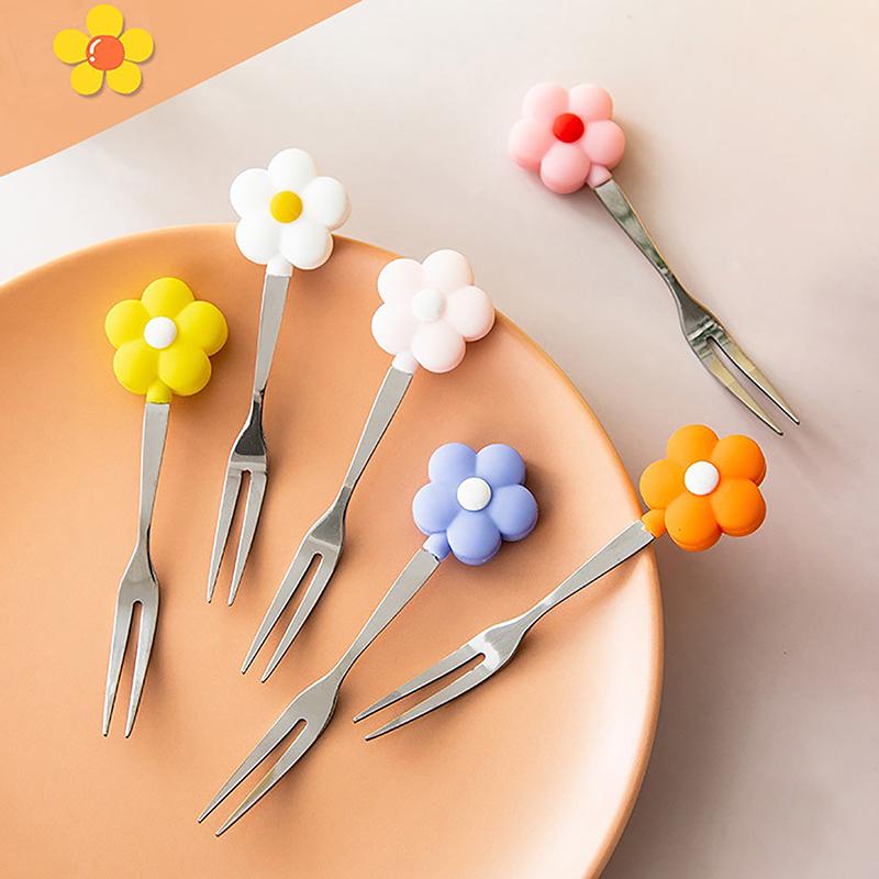 Edelstahl Obst Gabel Kuchen Dessert Schöne Mini Salat Gabeln Cartoon Blumen Kinder Obst Lebensmittel Besteck Küche Werkzeug 1Pcs Random Color
