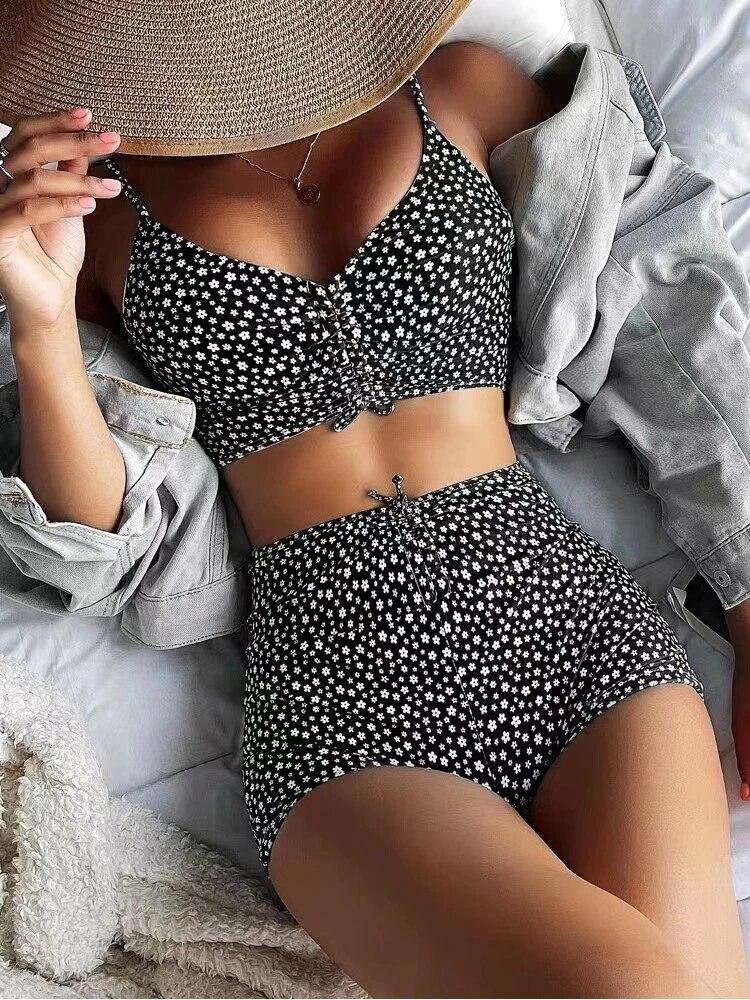 Hohe Taille Bikini Badeanzug Frauen 2024 Push-Up Bikini Floral Badeanzug Druck Bikini boxer Bademode Badehose Badeanzug M schwarz