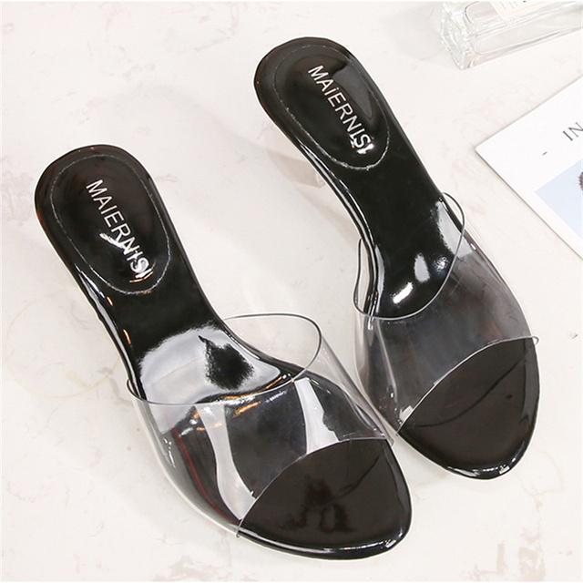 Sommer Frauen 6cm High Heels Plattform Rutschen Dame Klar Kristall Low Heels Hausschuhe Mode Transparent Maultiere Günstige Schuhe 36