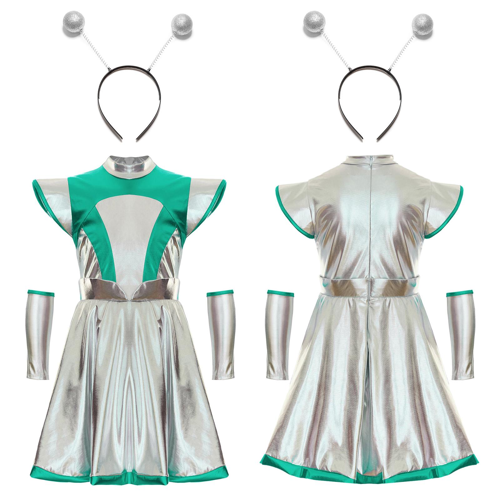3-teiliges Halloween-Kostüm für Kinder, Mädchen, Alien-Cosplay-Kostüm, Weltraum-Kleid mit Armmanschette und Haarreifen-Zubehör 13-14 Years silber/grün
