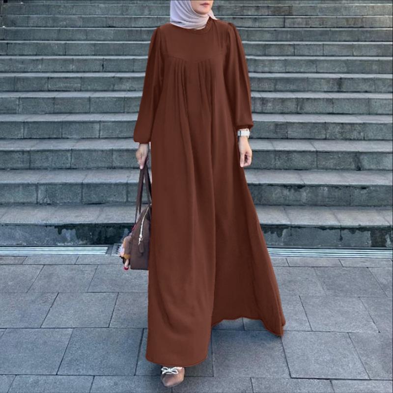 ZANZEA Damen Rundhals Locker Langarm Muslimisches Lässiges Langes Kleid M hellbraune