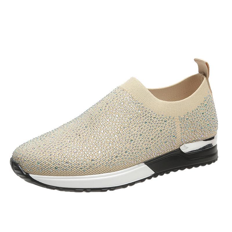 Mode Strass Mesh Sneaker Damen Leicht Atmungsaktiv Freizeitschuhe Neue Mode Weiße Keile Slipper Loafer Flache Schuhe Damen 35 beige