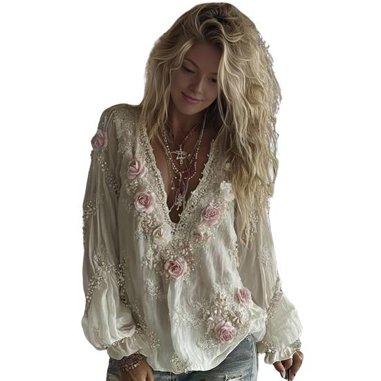 Damen Hemd Oversize V-Ausschnitt Langarm Lässig Frühling Herbst Hemd 3D Blumenmuster Gedruckt Entspannte Passform Hemd Tägliche Kleidung S