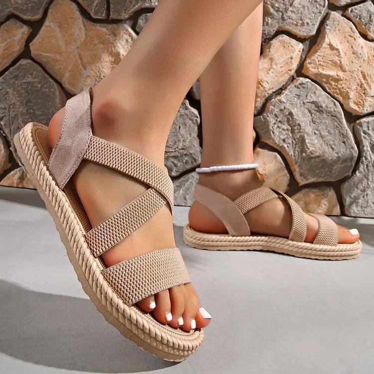 Damen Sandalen Sommer Neu Flach Mode Übergröße 2026 Strand Sandalen Outdoor Leicht Atmungsaktiv Sommer Plateau Römische Sandalen 37 khaki