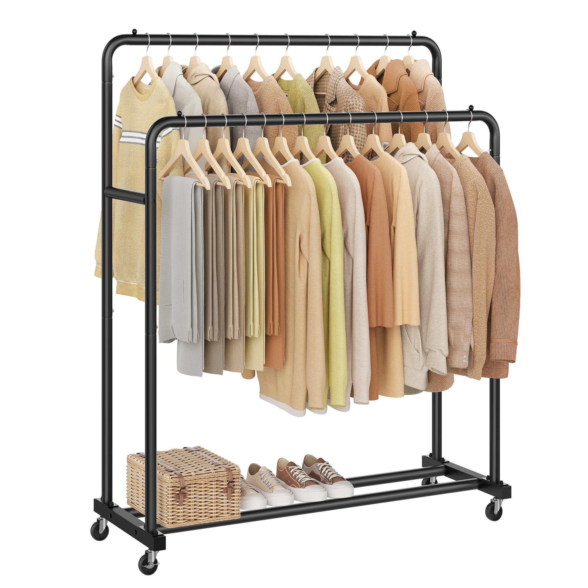 SONGMICS Kleiderständer, Kleiderständer auf Rollen, Garderobenständer, 2 feststellbare Rollen, Schlafzimmer, Doppelte Stangen, Hält bis zu 90 kg, 46,5 x 110 x 155,5 cm, Tintenschwarz schwarz