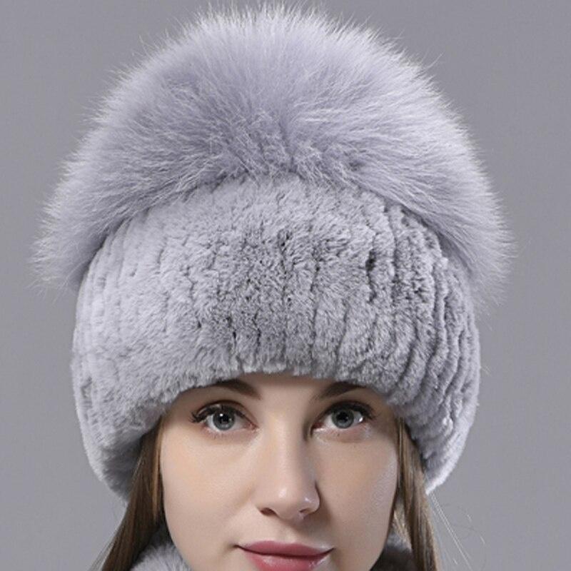 Natürliche Pelz Hüte Frauen Gestrickte Kaninchen Fuchs Flauschigen Winter Warme Weibliche Hut Luxus Kopfbedeckungen Echtpelz Mützen Kappe One Size graue