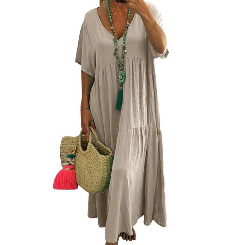 Damen Sommer Freizeit Baumwolle Leinen Kleid V-Ausschnitt Kurzarm A-Linie Sommerkleider Plissiert Fließend Locker Sitzend Lange Kleider 3XL khaki