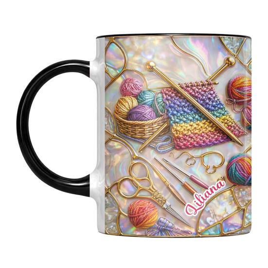 Strick- und Nähwerkzeuge Tasse 11oz Personalisierte Kaffeetasse mit Nähmaschine- und Garn-Drucken Nähgeschenk für Frauen schwarz